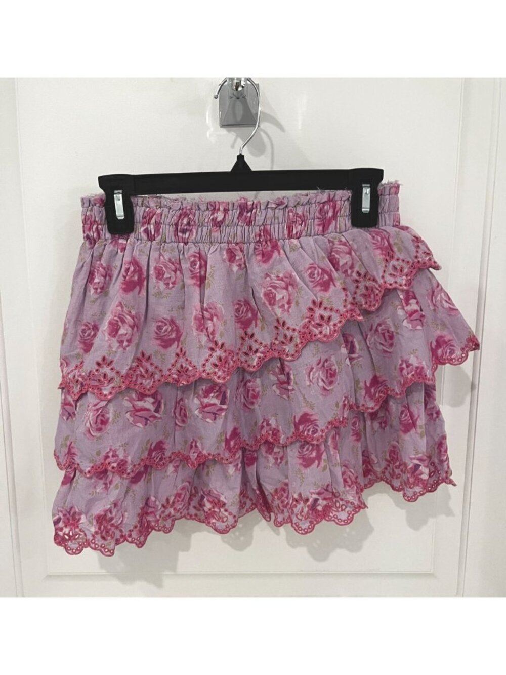 Love Shack Fancy Pink Lace Floral Tiered Mini Skirt MEDIUM Pull On Cotton - Picture 2 of 6